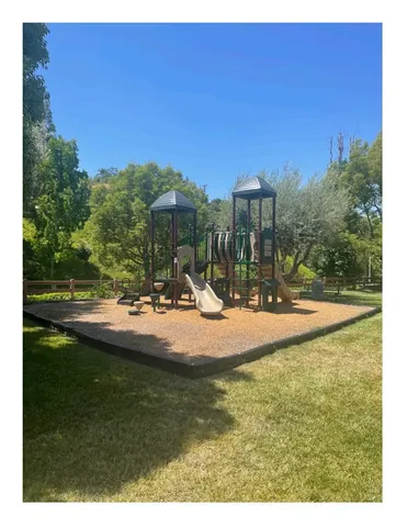 a view of a park with large trees