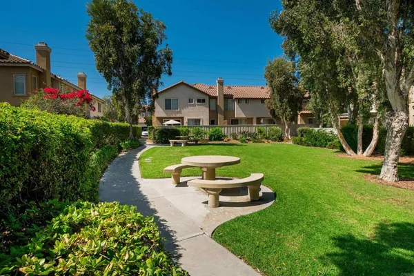 a view of a garden with swimming pool