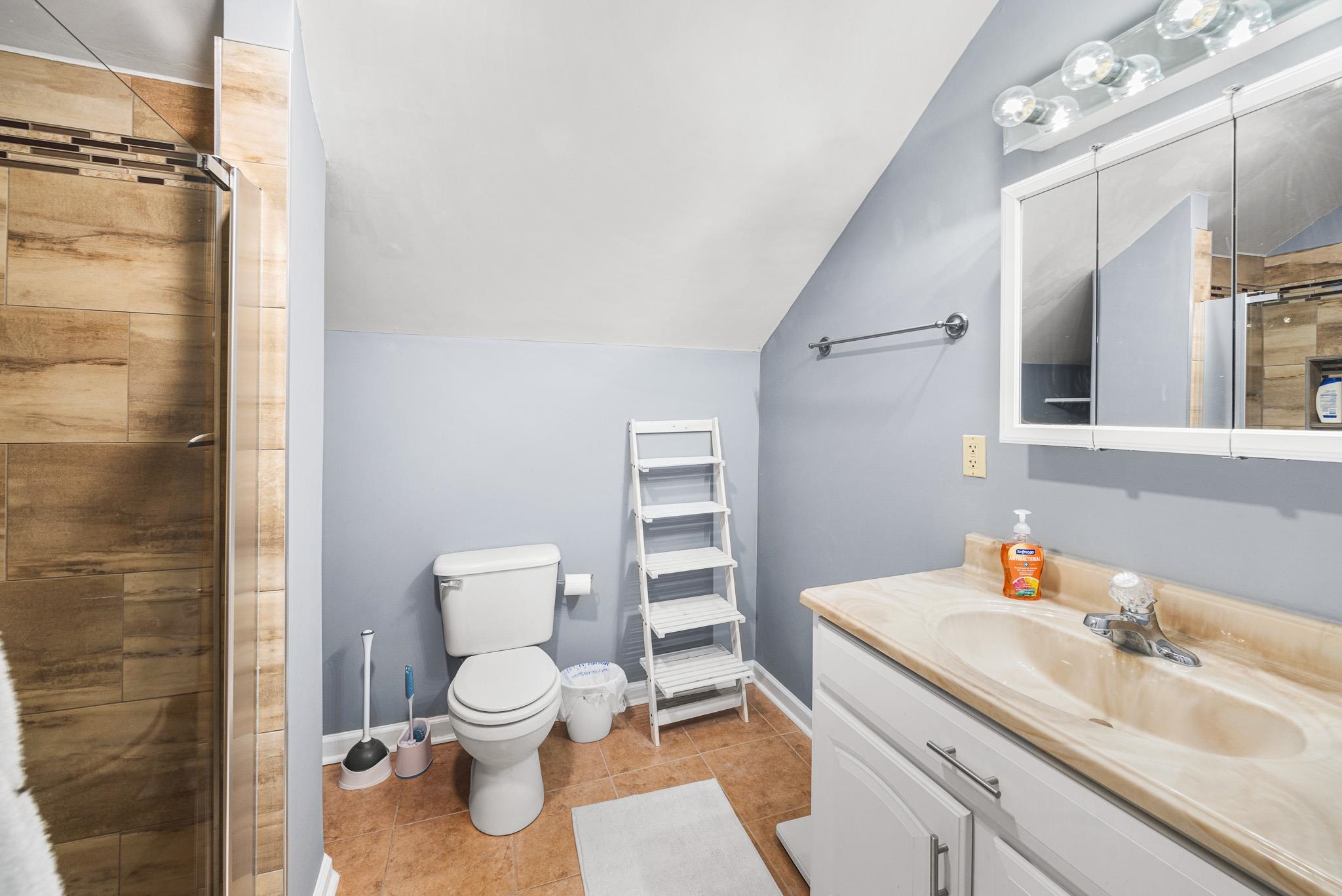 149 Abby Road Drummonds, TN 38023 - Photo 30 of 38 Bathroom with vaulted ceiling, vanity, a stall shower, and light tile patterned flooring