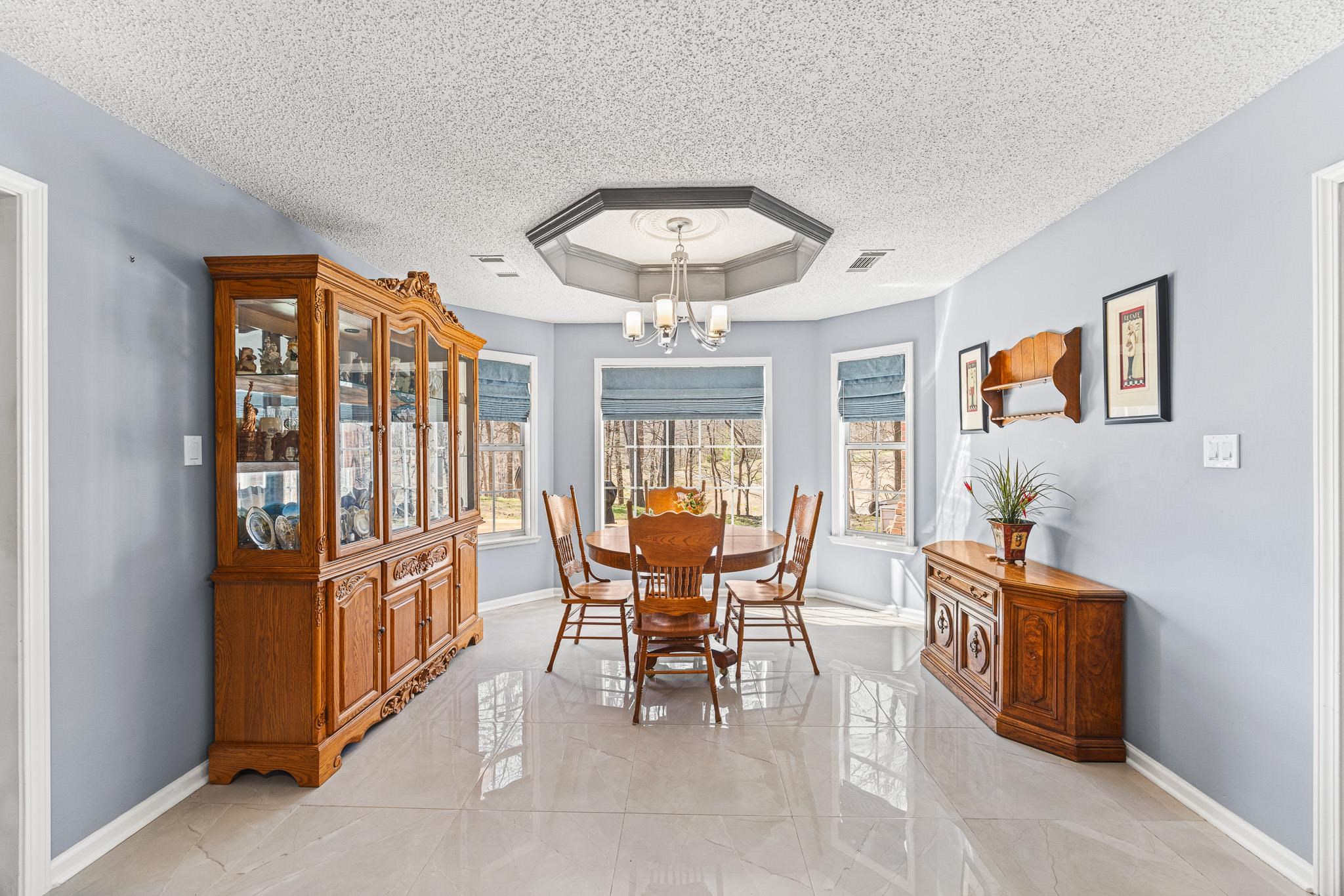 149 Abby Road Drummonds, TN 38023 - Photo 9 of 38 Dining area with a textured ceiling, a tray ceiling, and hanging lights