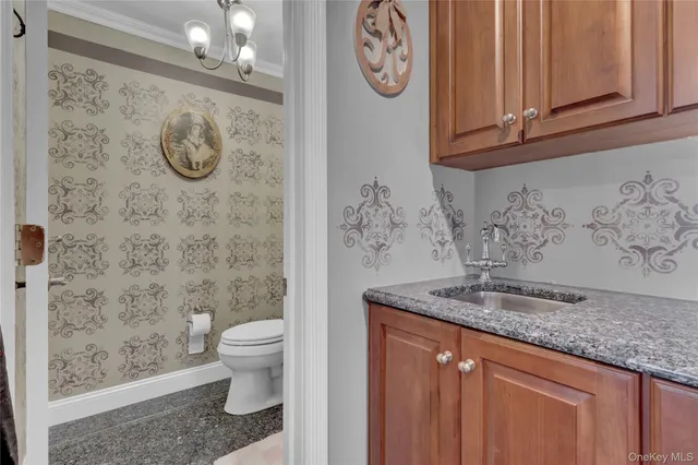 a bathroom with a granite countertop sink and a toilet
