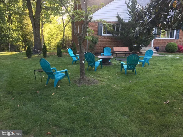 a view of a backyard with table and chairs and a fire pit