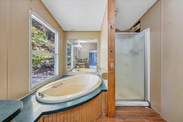 a bathroom with a bathtub and a shower