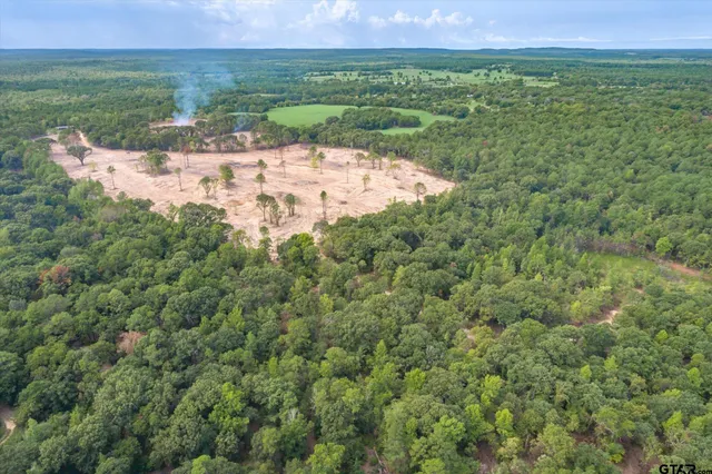a view of a lake with a field