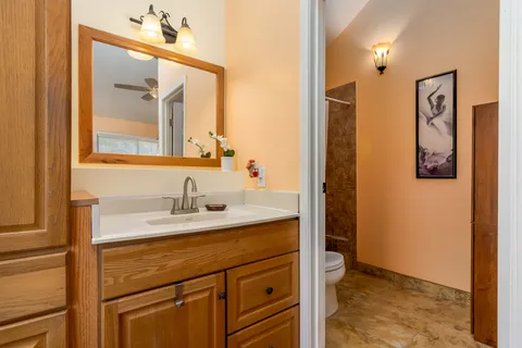 a bathroom with a sink vanity and a mirror