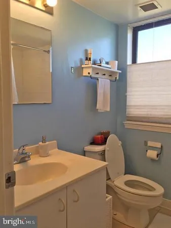 a bathroom with a sink a toilet and mirror