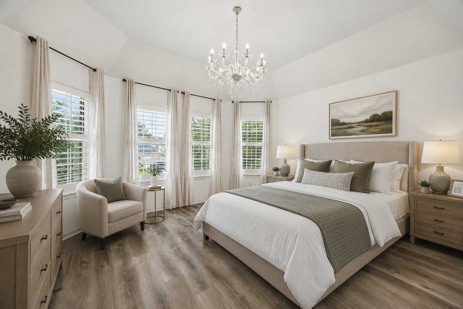 7915 Huddersfield Court Spring, TX 77379 - Photo 29 of 37 Light-filled guest bedroom with engineered flooring, vaulted ceiling, updated floors, elegant chandelier, and multiple windows overlooking the front of the home. - virtually staged