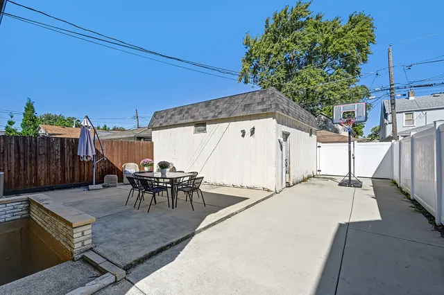 an outdoor space with furniture