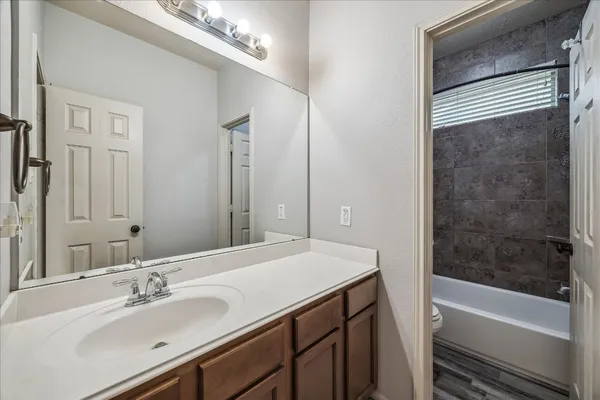a bathroom with a sink and a mirror