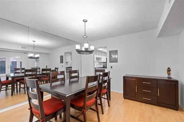 a view of a dining room with furniture