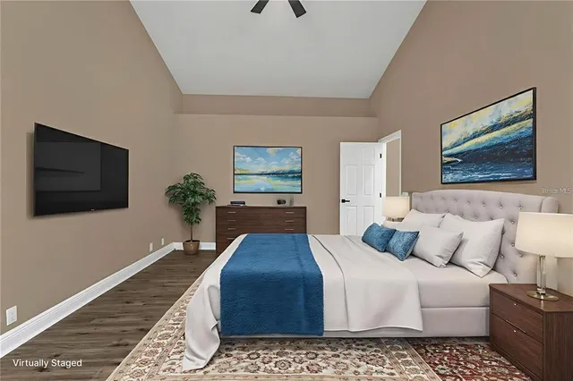 a bedroom with a large bed and a flat screen tv