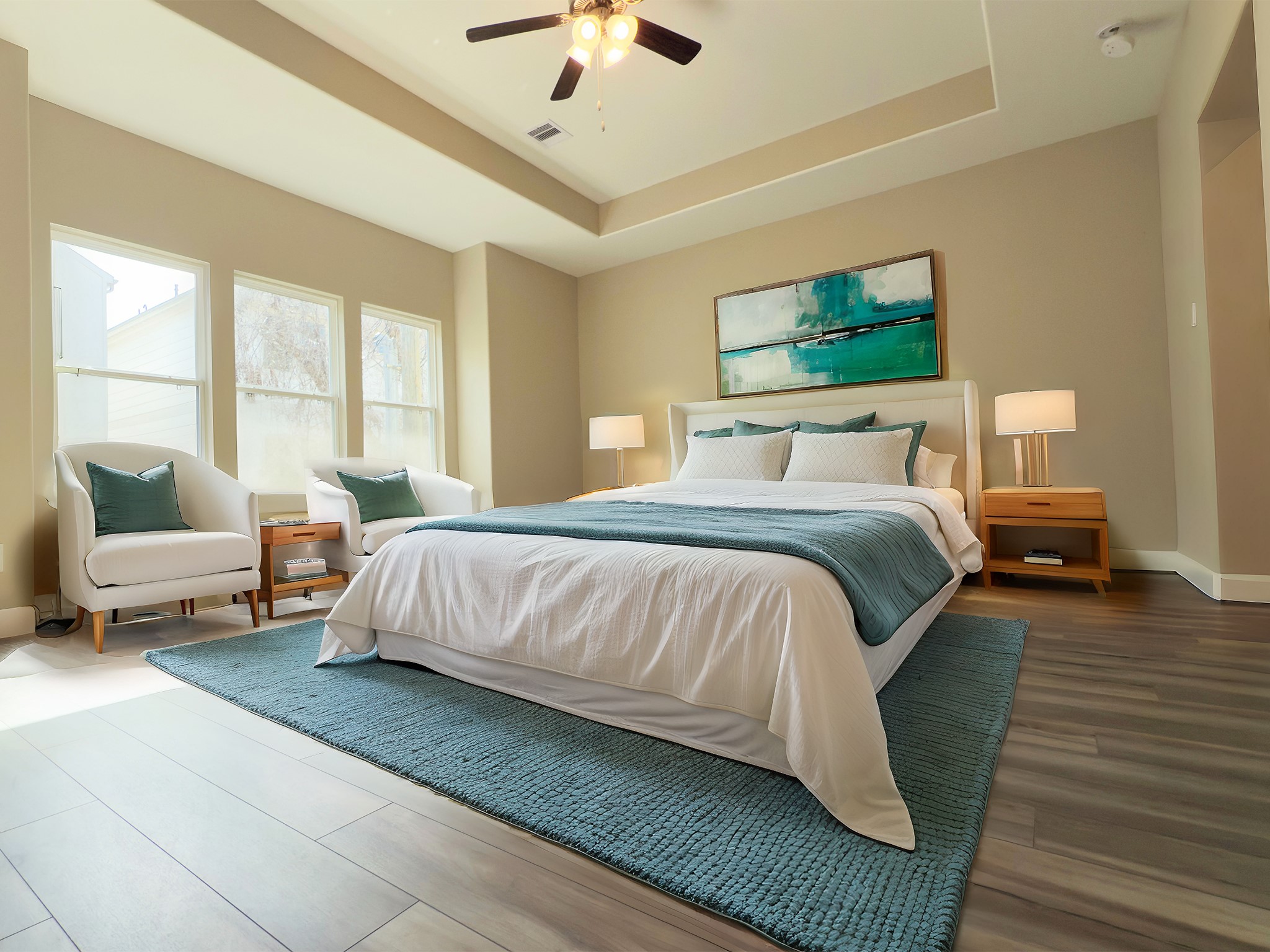 4309 B Dickson Street Houston, TX 77007 - Photo 5 of 12 The ROCburne’s primary suite offers everyday convenience with generous closet space and direct access to a spa-inspired ensuite bath. Image depicts home as-is virtually staged.