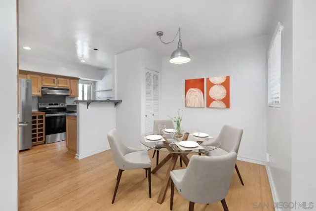 a view of a dining room with furniture