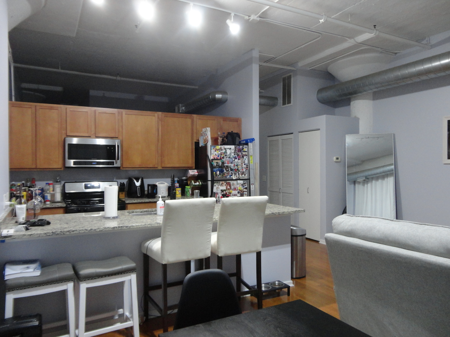 2323 West Pershing Road, Unit 237 Chicago, IL 60609 - Photo 11 of 22 a living room with stainless steel appliances a dining table wooden floor and a kitchen view