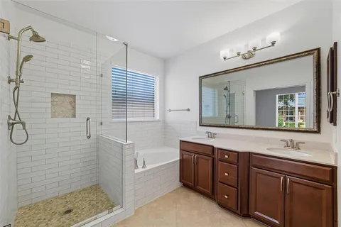 a bathroom with a double vanity sink mirror and shower