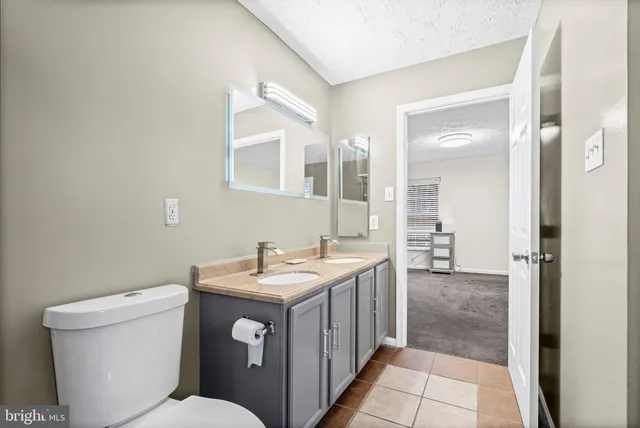 a bathroom with a toilet sink and mirror
