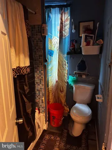 a bathroom with a toilet and a shower curtain