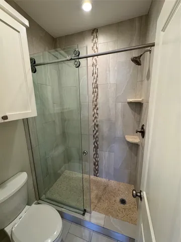 a bathroom with a shower and a toilet