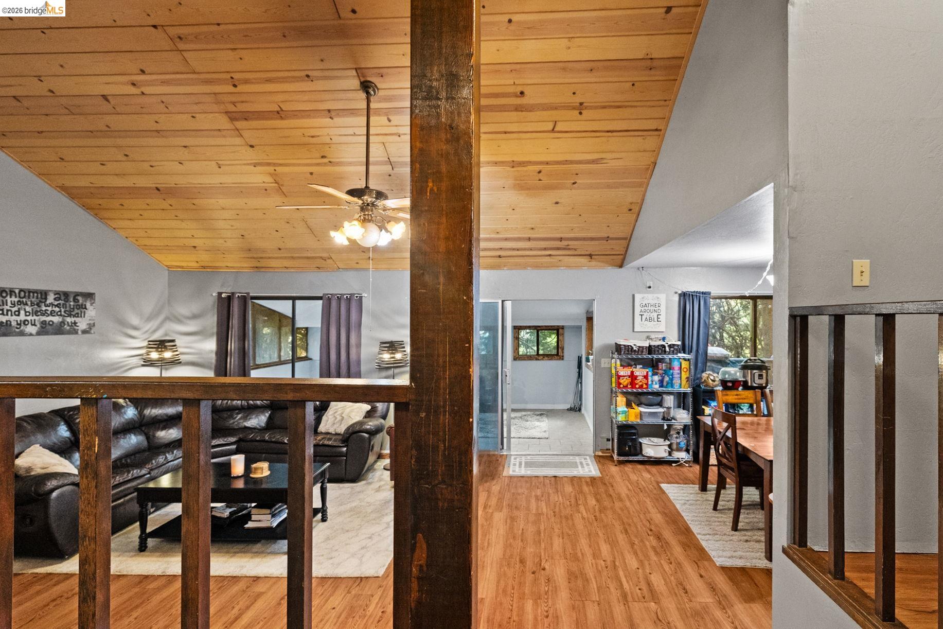 17851 Robin Road Twain Harte, CA 95383 - Photo 14 of 45 Dining room with a high wood beamed ceiling, light wood finished floors, and ceiling fan