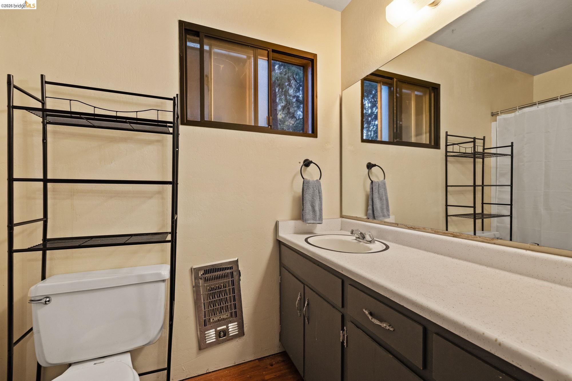 17851 Robin Road Twain Harte, CA 95383 - Photo 23 of 45 Full bath featuring vanity, heating unit, a shower with shower curtain, and dark wood-type flooring
