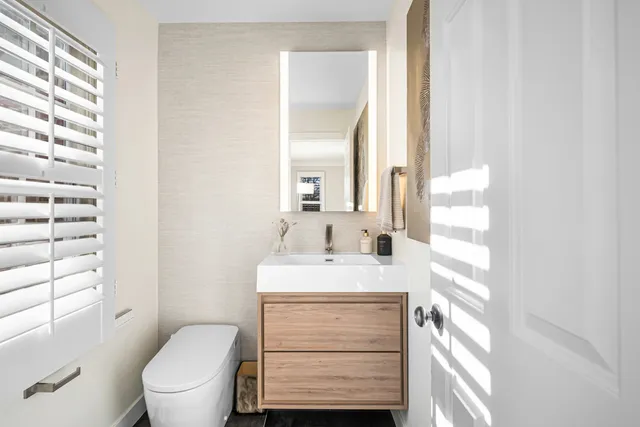 a bathroom with a sink toilet vanity and mirror