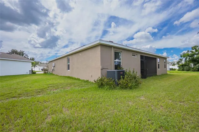 a view of a backyard with plants and large trees