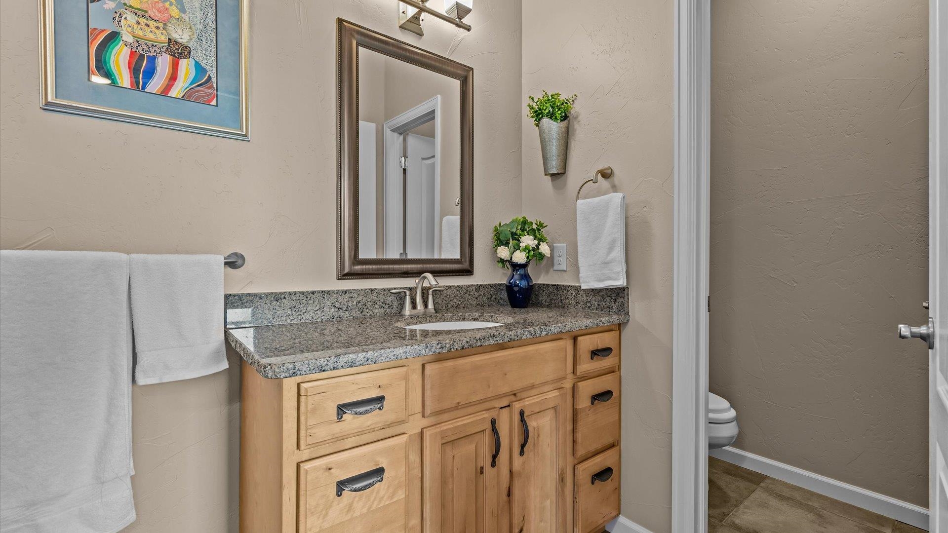 1712 Powis Lane Fruita, CO 81521 - Photo 23 of 39 a bathroom with a granite countertop sink and a mirror