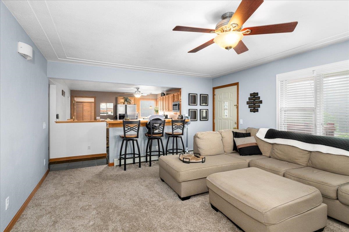 645 Stanley Road Two Harbors, MN 55616 - Photo 8 of 26 Living area featuring healthy amount of natural light, a ceiling fan, and light carpet