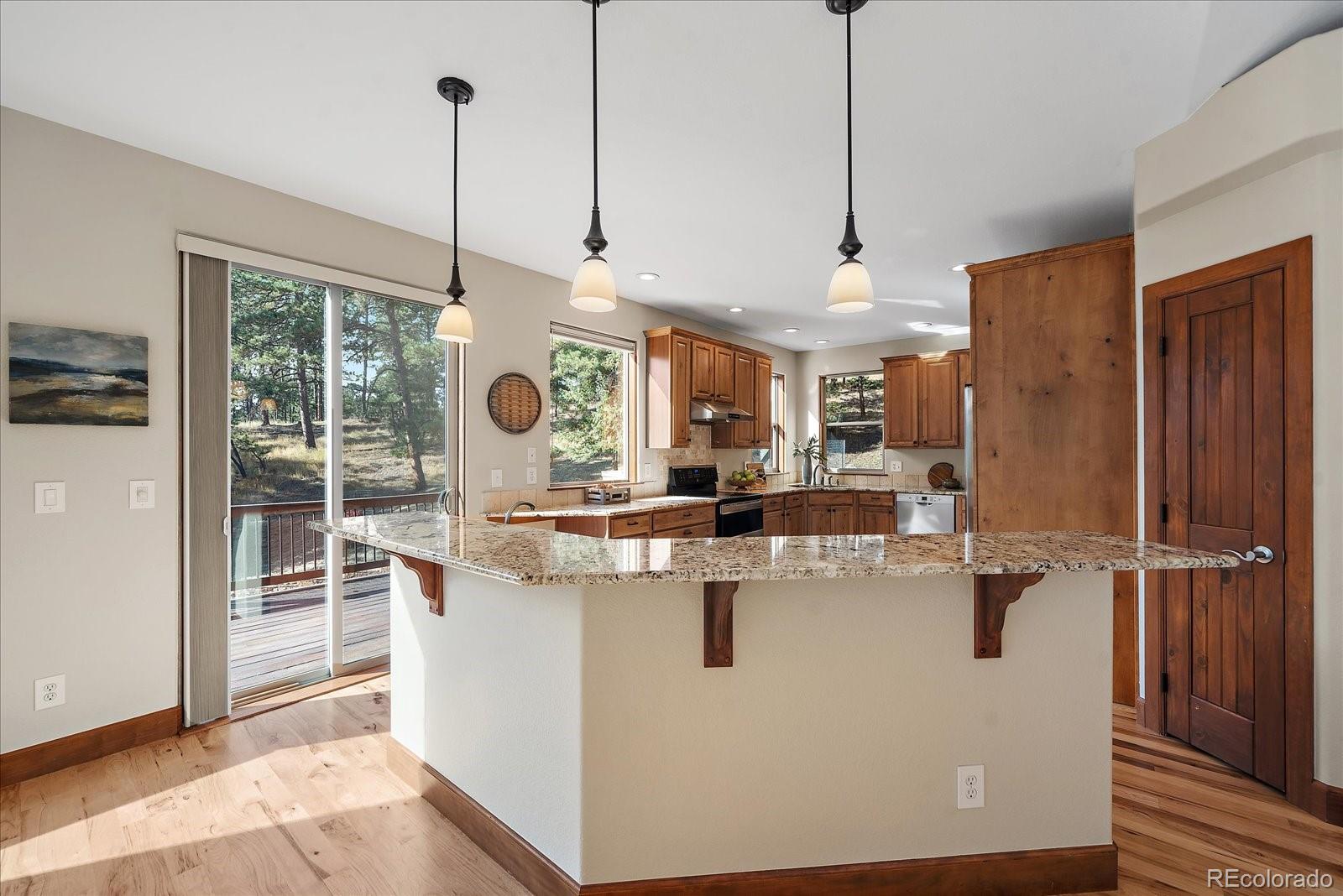 28857 Cedar Circle Evergreen, CO 80439 - Photo 16 of 50 a view of kitchen with stainless steel appliances granite countertop cabinets and a wooden floor