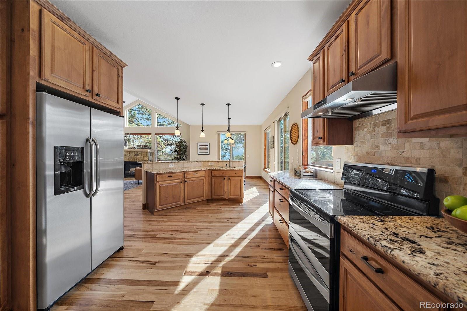 28857 Cedar Circle Evergreen, CO 80439 - Photo 19 of 50 a kitchen with stainless steel appliances granite countertop a stove a sink dishwasher and a refrigerator