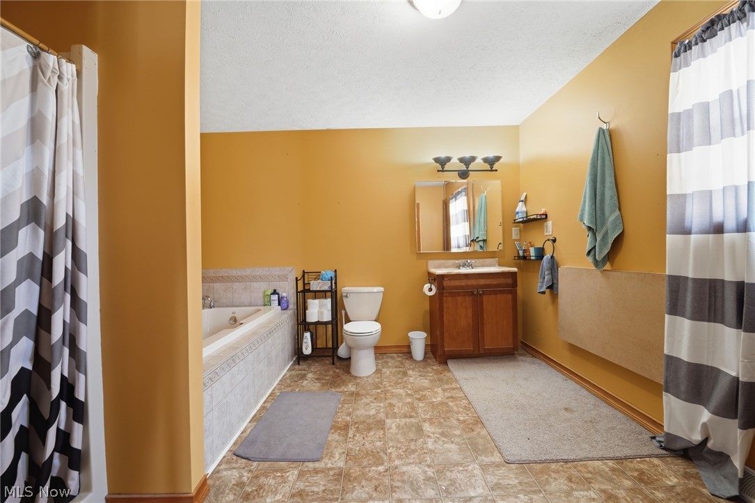 3913 Ninevah Road Ashtabula, OH 44004 - Photo 22 of 37 Bathroom featuring a stall shower, vanity, a bath, and a textured ceiling