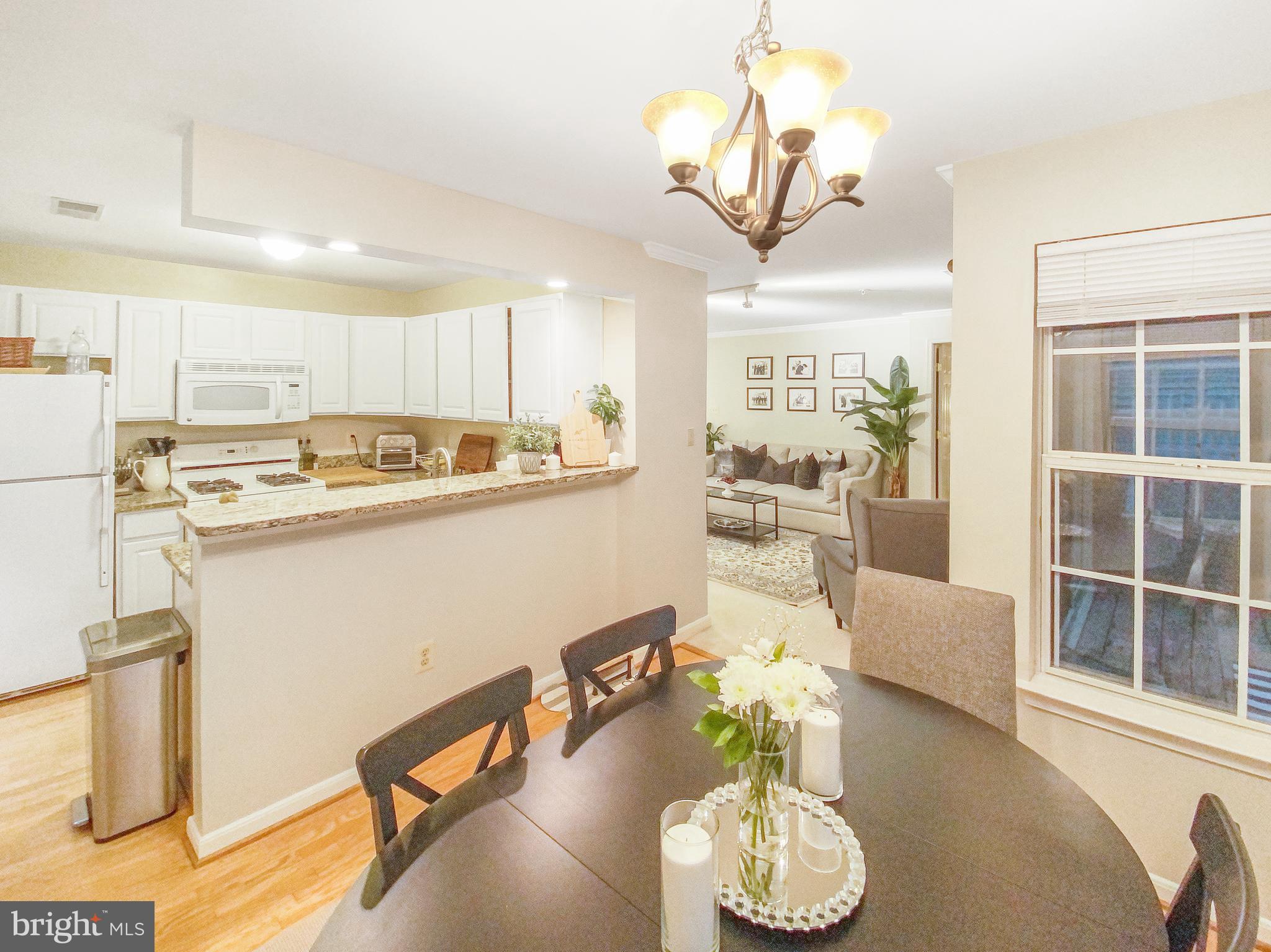 127 Timberbrook Lane, Unit 203 Gaithersburg, MD 20878 - Photo 21 of 29 a living room with stainless steel appliances furniture a chandelier and a kitchen view