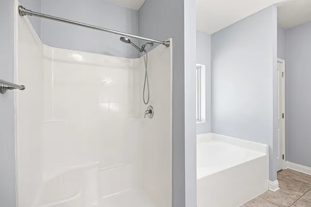 a bathroom with a bathtub and a shower