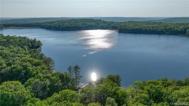 an aerial view of lake and residential houses with outdoor space