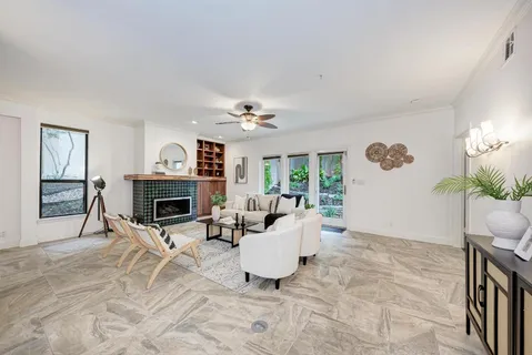 a view of a dining room with furniture