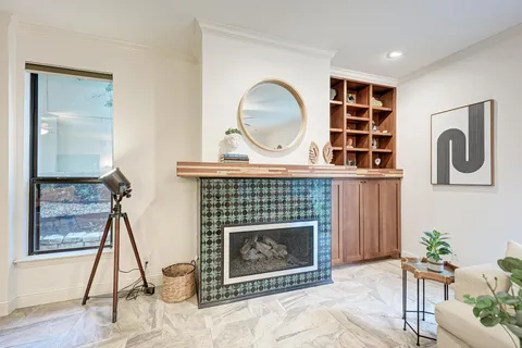 a view of a dining room with furniture