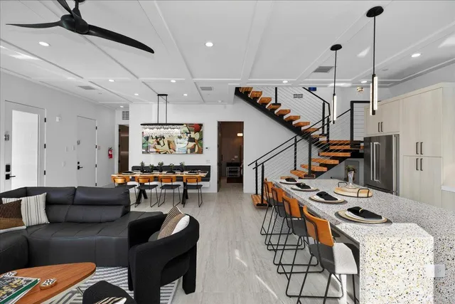 a view of a dining room with furniture