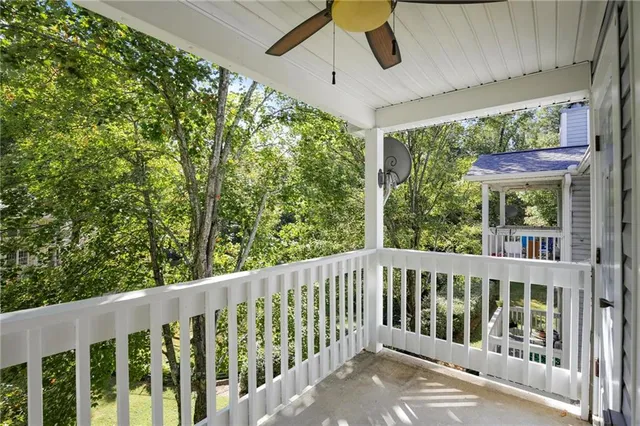 a view of a yard with plants and large trees