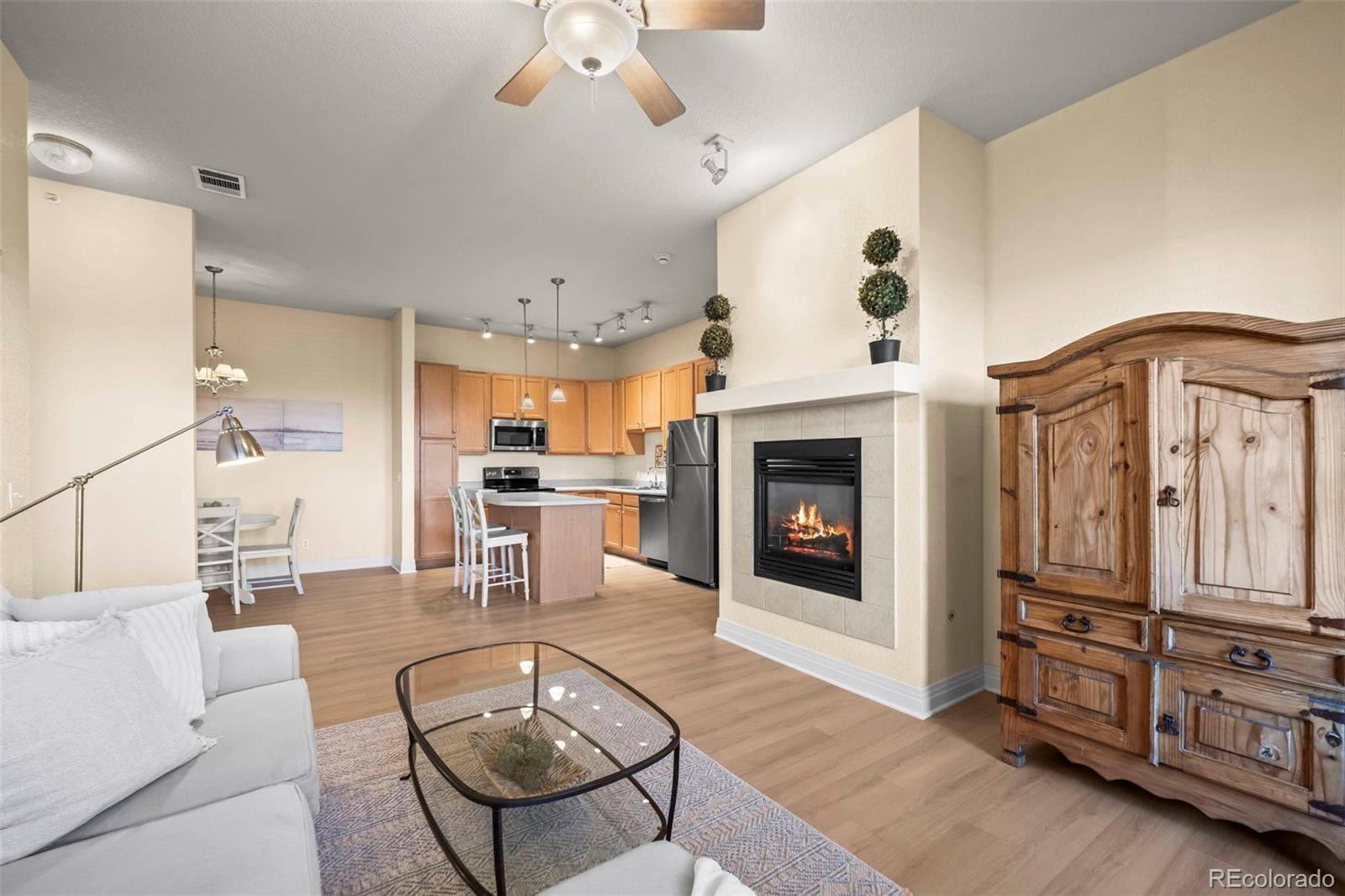 209 Quebec Street, Unit L Denver, CO 80220 - Photo 1 of 46 a living room with furniture a fireplace and a flat screen tv