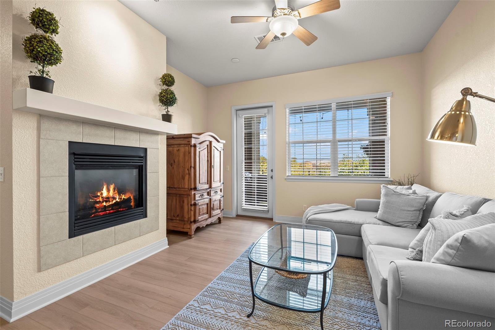 209 Quebec Street, Unit L Denver, CO 80220 - Photo 2 of 46 a living room with furniture and a fireplace