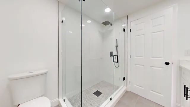 a bathroom with a shower and toilet