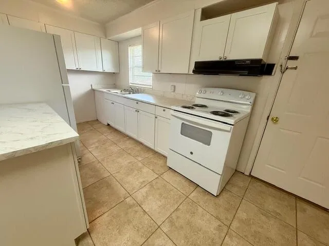 a kitchen with a stove a sink and a refrigerator