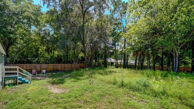a view of a backyard with potted plants and large trees