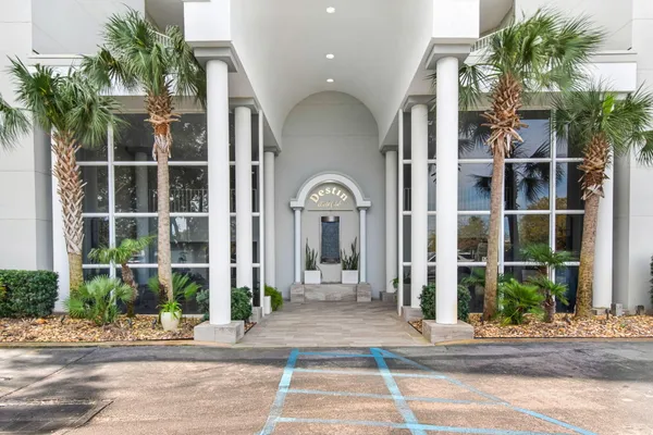 a building outdoor space with patio furniture