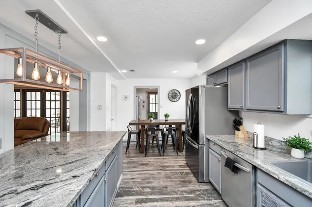 a large kitchen with lots of counter top space