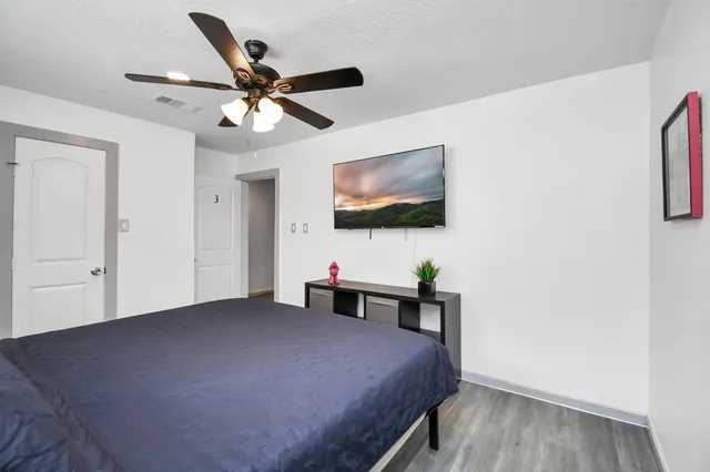 a bedroom with furniture and a ceiling fan