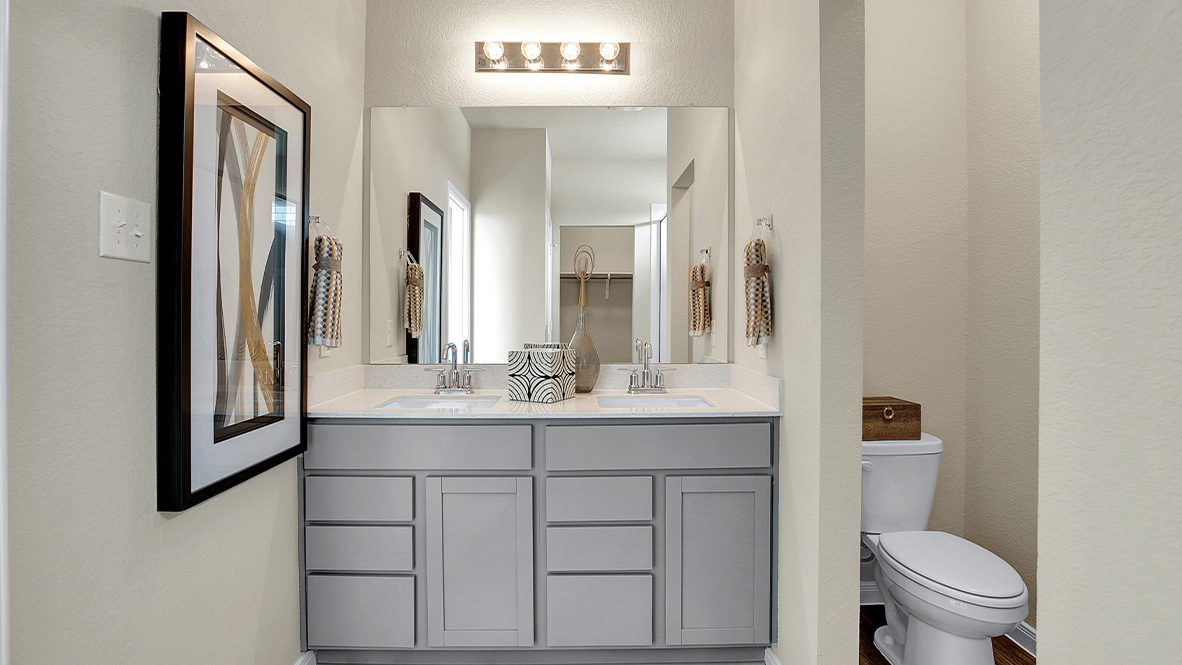 121 Little Walnut Cove Kyle, TX 78640 - Photo 12 of 31 a bathroom with a toilet a sink and mirror