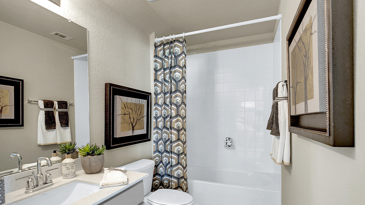 121 Little Walnut Cove Kyle, TX 78640 - Photo 17 of 31 a bathroom with a shower curtain a mirror and a sink