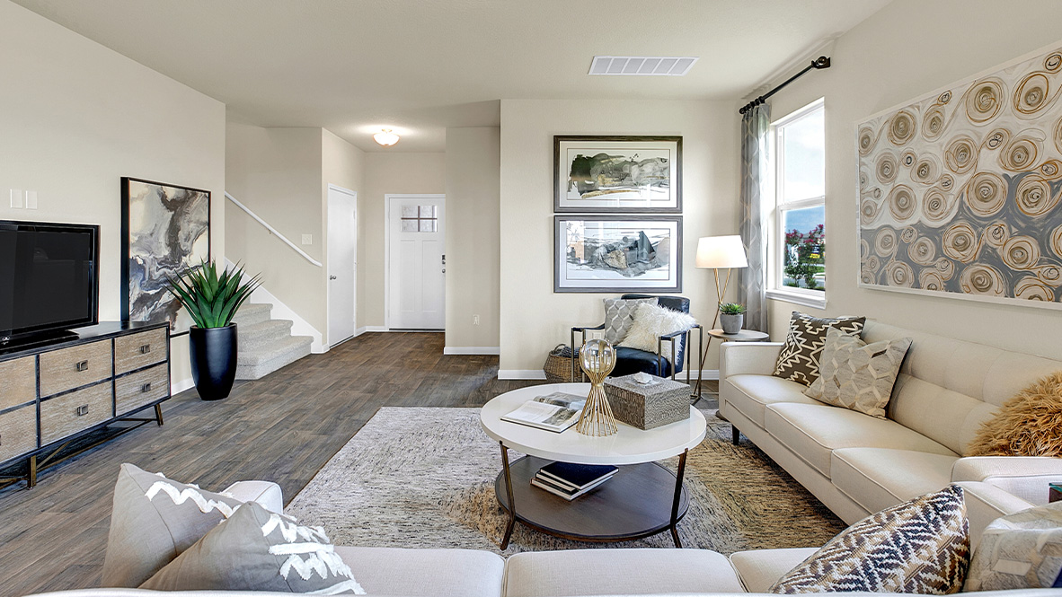 121 Little Walnut Cove Kyle, TX 78640 - Photo 8 of 31 a living room with furniture potted plant and a flat screen tv