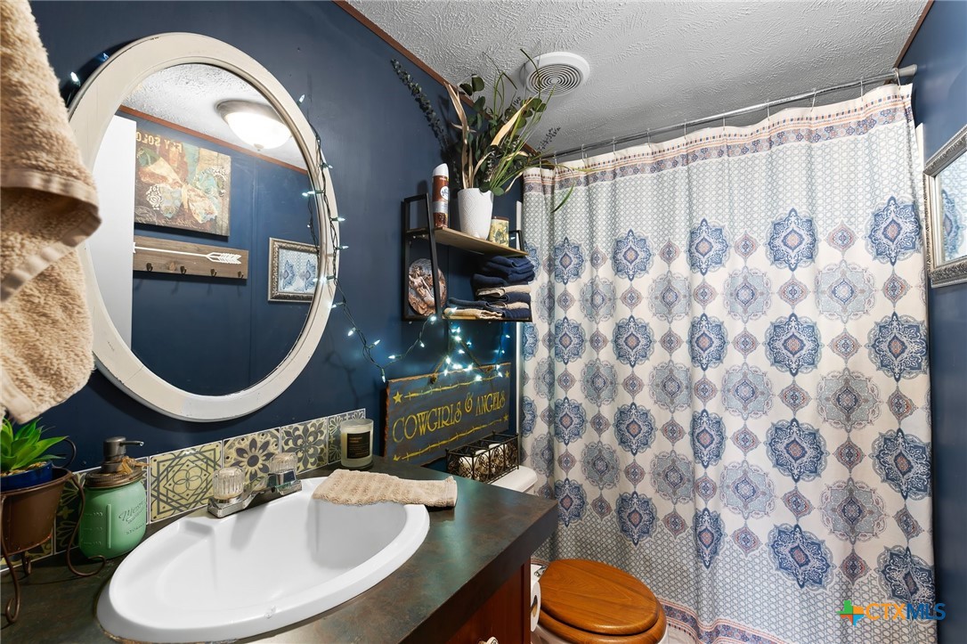 14815 Johnson Rd Trail Manor, TX 78653 - Photo 26 of 37 a bathroom with a toilet sink and mirror